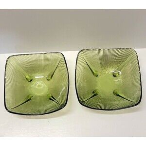 Mid-Century Modern Set of 2 Green Square Ribbed Pressed Glass Bowls